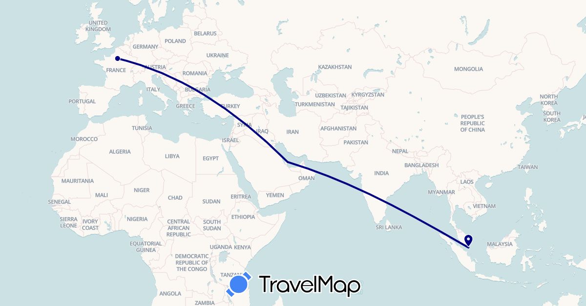 TravelMap itinerary: driving in France, Qatar, Singapore (Asia, Europe)